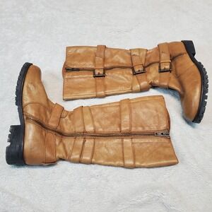 Shellys London‎ Tan Leather Buckle Bohemian Boho Moto Biker Classic Tall Boots 8